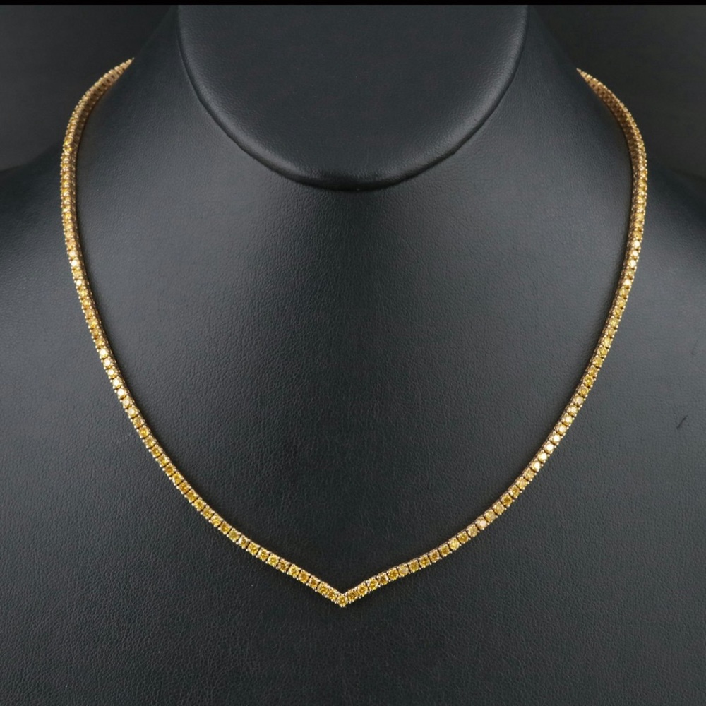 14K Gold 8.83 Carat Fancy Yellow Diamond Chevron Rivière Necklace